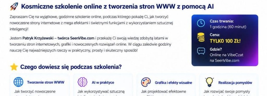 Twórca SeenVibe.com czyli ja Patryk Krzyżewski zapraszam Cię serdecznie na indywidualne szkolenie online dla dzieci jak i dorosłych pod tytułem: 🚀 Kosmiczne szkolenie z narzędzi AI z twórcą SeenVibe.com w tworzeniu stron www, grafik, efektów i świetnych funkcji! ✨ — Nauczysz się tworzyć kosmiczne strony internetowe z pomocą narzędzi AI oraz sposobów programowania i wykorzystywaniu kodu. Naucze Cię  też tworzyć wyjątkowe efekty, 🎨 grafiki i super funkcje, tak że Twoja wyobrażnia stworzy coś niesamowitego w Sieci! Szkolenie jest indywidualne a skierowane jest do 👦 dzieci jak i 🧒 młodzieży, ale też do osób 👩 dorosłych. Rozpoczęcie udziału w szkoleniu z AI po płatności BLIKIEM - szczególy i koszt szkolenia  w opisie wydarzenia. Nie czekaj, zdobądź wyjątkową wiedzę razem ze mną! Koszt podany w opisie wydarzenia. Zapraszam! Twórca SeenVibe.com - Patryk Krzyżewski. Cover Image